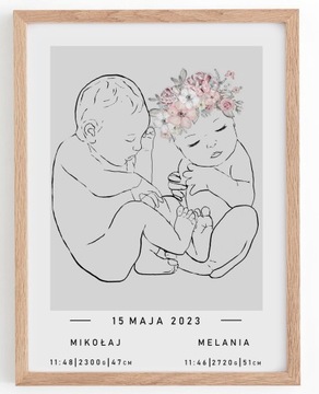 Duża metryczka minimalistyczna bliźniaki dzieci a3