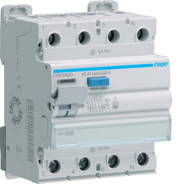 Wyłącznik różnicowoprądowy Hager CDF640D 40A 3P+N