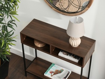 ДЕРЕВЯННАЯ НАСТЕННАЯ КОНСОЛЬ С ПОЛКАМИ ФРИДА ОРЕХ ЧЕРНАЯ МЕТАЛЛИЧЕСКАЯ ОСНОВА