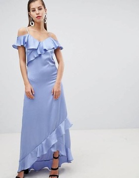 Boohoo niebieska sukienka maxi z falbanami 40 L