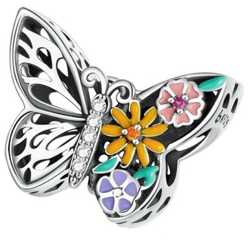 Charms Zawieszka Charms Ażurowy Motyl Kolorowe Kwiaty