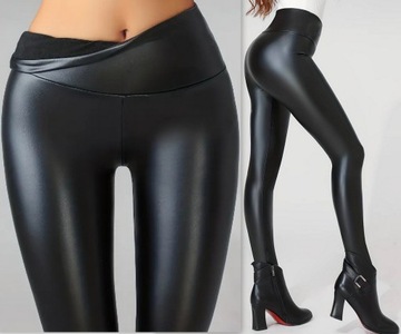 LEGGINSY SPODNIE EKO SKÓRA OCIEPLANE SZEROKI PAS L/XL
