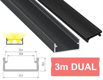 PROFIL LED DUAL 3m Z CZARNYM KLOSZEM SZEROKI NA 2 TAŚMY LED DUAL CZARNY 3M