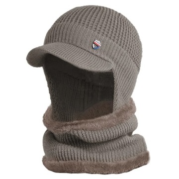 Men Winter 2 Pcs Set Visor Brim Earflap Beanie Hat with Circle Scarf Knitte