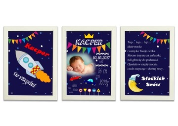 Комплект из 3 плакатов со свидетельствами о рождении формата А4 для детской комнаты.