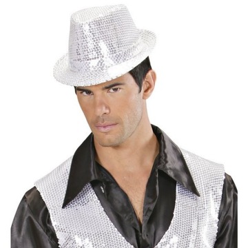 KAPELUSZ FEDORA CEKINOWY SREBRNY CEKINY DISCO