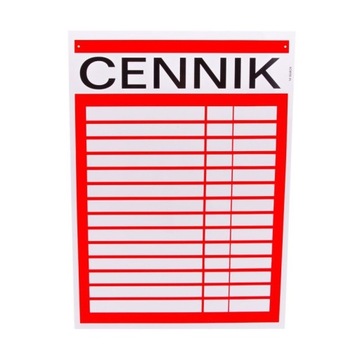 Cennik, tabliczka informacyjna 14 pozycji