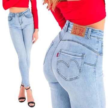 Jasne jeansowe spodnie damskie modelujące rurki PUSH UP wysoki stan S