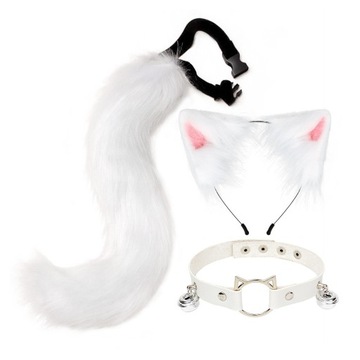 3x Zestaw pluszowych uszu i ogona Opaska Cosplay z uszami kota i ogonem Furry biała