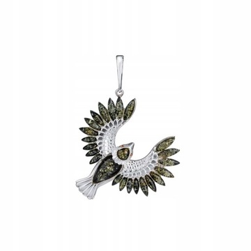 СЕРЕБРЯНЫЙ КУЛОН ФЕНИКС С ЗЕЛЕНЫМ ЯНТАРЕМ