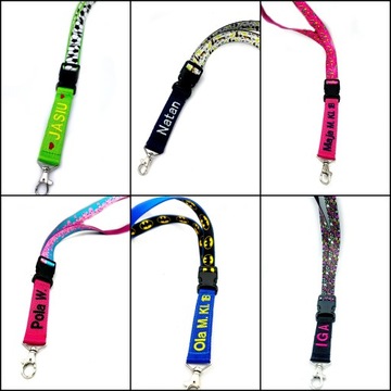 Шнурок для ключей от школы с вышивкой имени и номера телефона.