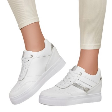 BIAŁO-SREBRNE SNEAKERSY NA KOTURNIE DAMSKIE AIS 40