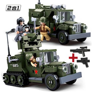 Klocki CIĘŻARÓWKA GAZ-60 TRANSPORTER Wojska,działo, moździerz + 2 LEGO BROŃ