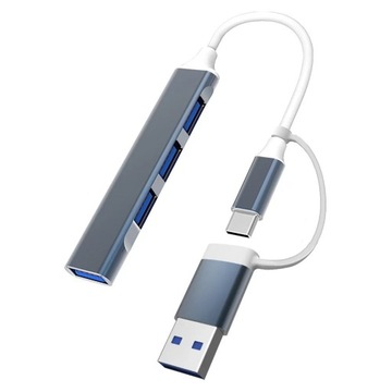 ALUMINIOWY HUB ROZGAŁĘZIACZ USB 3 - 4 PORTY USB-A/C Z ADAPTEREM - SMARTFON