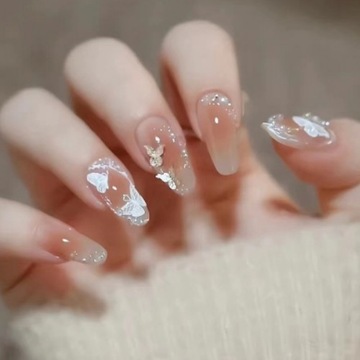 Paznokcie Sztuczne Tipsy Coffin Aura 3d Perełki Motyle Brokat Samoprzylepne