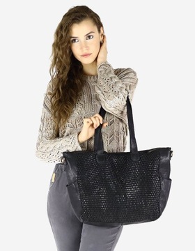 Skórzana torba damska shopper na ramię pleciony czarny MARCO MAZZINI VS19a