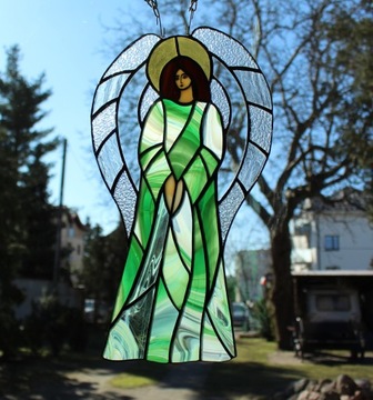 Витраж Ангел-хранитель Тиффани зеленый большой