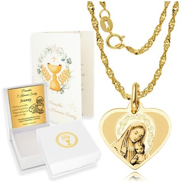 Złoty Łańcuszek z Medalikiem ZŁOTO 585 Serce Chrzest Komunia GRAWER