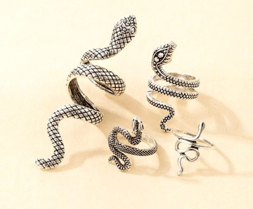 Komplet pierścionków srebrnych Metalowe Antyczne Srebro Punkowe węże snake