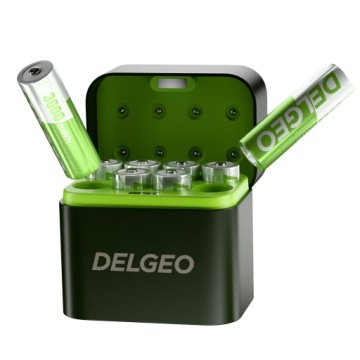 Delgeo 8 kusů lithiových baterií Aa 1,5 V s rychlonabíječkou 2,5 H, 2000 cyklů
