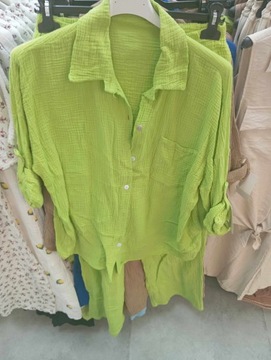 Муслиновый КОМПЛЕКТ, рубашка, свободные брюки, зеленый