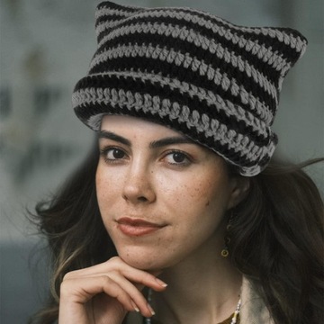 Женская вязаная шапка-бини в полоску, Y2K Готическая вязаная крючком шапка с кошачьими ушками,