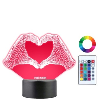 Lampka Nocna 3D LED Serce Ręce Grawer Imię