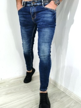 Spodnie męskie jeans granat wycierane slim VB 34