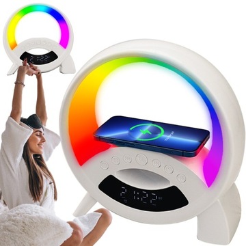 LAMPKA NOCNA LED ŁADOWARKA QI GŁOŚNIK RGB RADIO ZEGAR USB CZYTNIK KART AUX