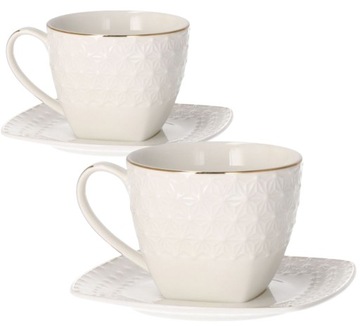 Komplet Filiżanek Białych Kwadratowych 240ml Porcelanowe z Złotym Paskiem