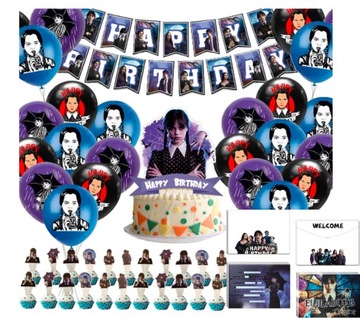 Zestaw Urodzinowy Balony TOPERY + 12 ZAPROSZEŃ Wednesday Addams Tematyczny