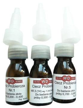 ZESTAW 3 PROBIERCZYCH CIECZY DO BADANIA ZŁOTA