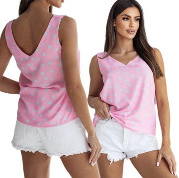 DAMSKA KOSZULKA NA RAMIĄCZKACH BLUZKA BEZ RĘKAWÓW RÓŻ GROCHY PRINT S/M