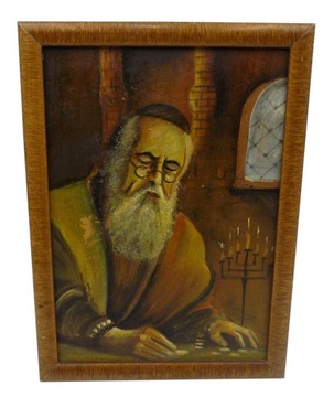 obraz olejny na desce Portret Żyda liczącego pieniądze PRL