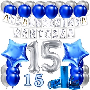 ZESTAW BALONY NA 15 URODZINY LAT GIRLANDA + IMIĘ NIEBIESKI SREBRNY