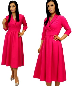 Sukienki Damskie na Komunię Chrzciny Wesele Elegancka Midi 3/4 Amarant L