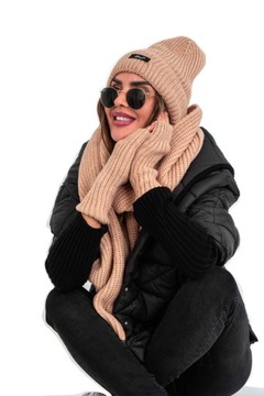 Czapka szalik rękawiczki komplet jasny camel Tmc Moda