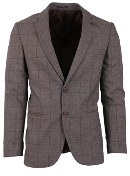 MARYNARKA MĘSKA W KRATĘ WIZYTOWA BRĄZOWA ELEGANCKA CASUAL TURECKA SLIM 48