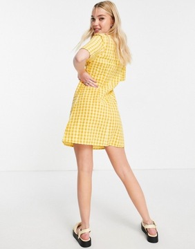 Żółta sukienka mini w kratkę na lato defekt L