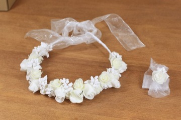 Венок на голову причастия, белый и кремовый + браслет 100% ручная работа