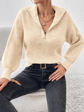 SWETEREK ZE STÓJKĄ Z ROZPINANYM DEKOLTEM LUŹNY BEŻOWY CASUAL SHEIN M 38