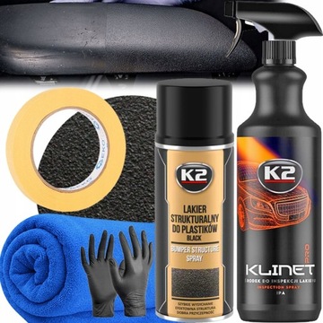 K2 LAKIER STRUKTURALNY DO PLASTIKU CZARNY + KLINET ODTŁUSZCZACZ + TAŚMA