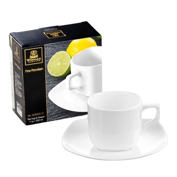 Filiżanka do herbaty 200 ml z kwadratowym spodkiem Wilmax BIAŁA PORCELANA