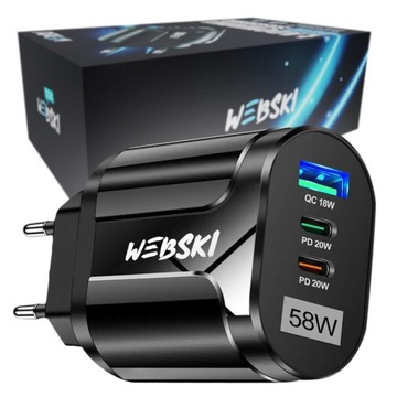 Szybka Ładowarka Sieciowa 2x USB C 20W + USB 18W PD Quick Charge QC 58W
