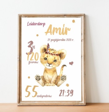 Metryczka lew, lwiątko Afryka - plakat na ścianę