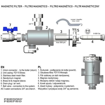 STRONG Mosiężny Filtr Magnetyczny-Separator do C.O. 3/4