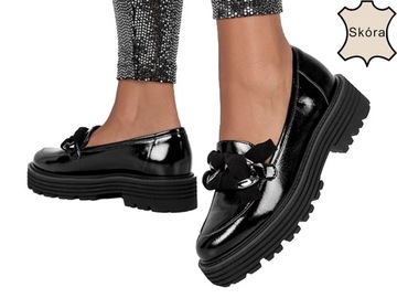 MOKASYNY SKÓRZANE DAMSKIE PÓŁBUTY Z ŁAŃCUCHEM r 39