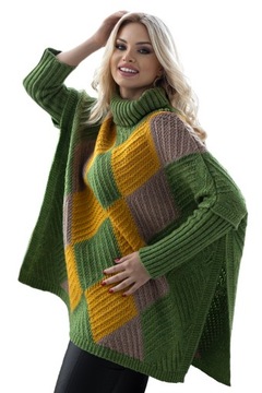 30088 SWETER PONCHO Z RĘKAWAMI W ROMBY ZIELONY