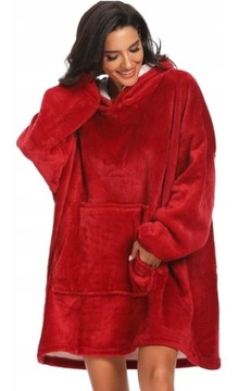 Ciepła Bluza Oversize XXL Koc gruba bluza z kapturem bluzokoc 2 w 1 bordowa