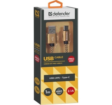 Кабель USB Defender AM-TYPE C 1м 2.1А белый и черный